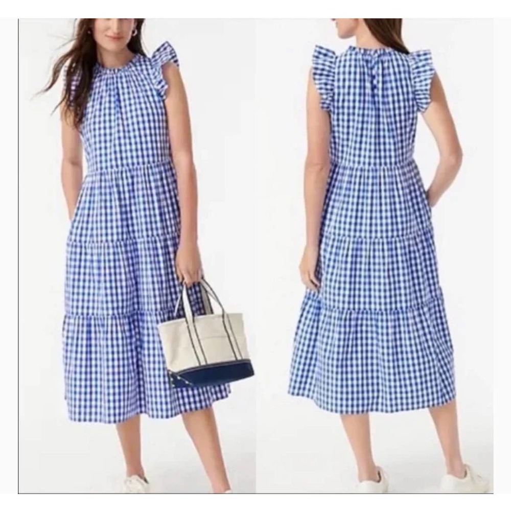 J. Crew Tiered ruffle-sleeve dress blue & white gingham plaid